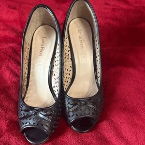 Luca Ferri Black Leather Peep Toe Wedge Heels | Cutout Detail | Size 9